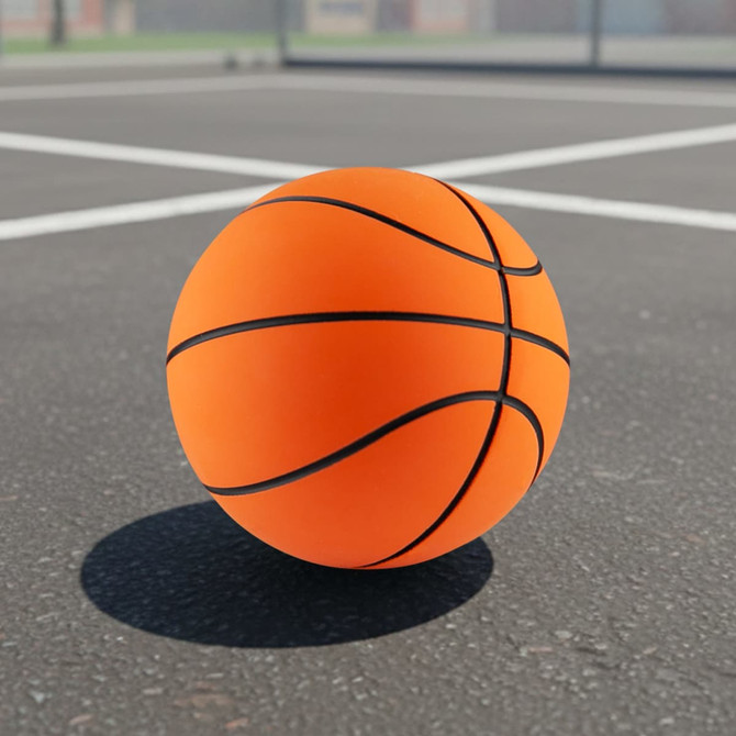 An orange basketball with black markings rests on a court surface.
