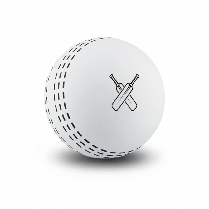 A white high bounce cricket ball with black stitching and a logo featuring crossed cricket bats.