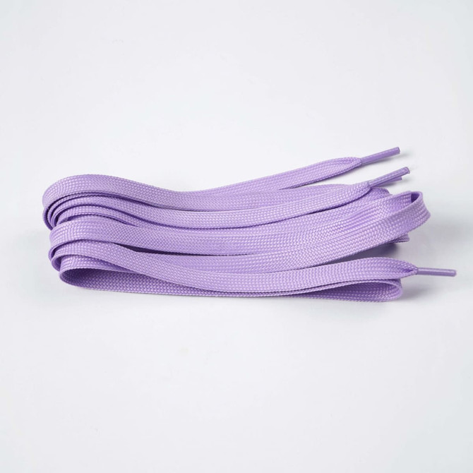 A set of double-layer shoe laces in light purple, arranged neatly in a bundle. The product features a branded logo.