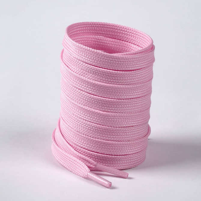 A stack of pink double-layer shoe laces, intricately woven and neatly coiled. The product has a simple design.