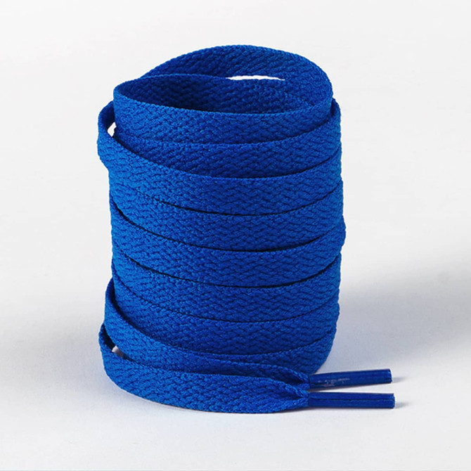 A set of blue shoelaces neatly coiled, featuring a textured fabric and aglets at both ends.
