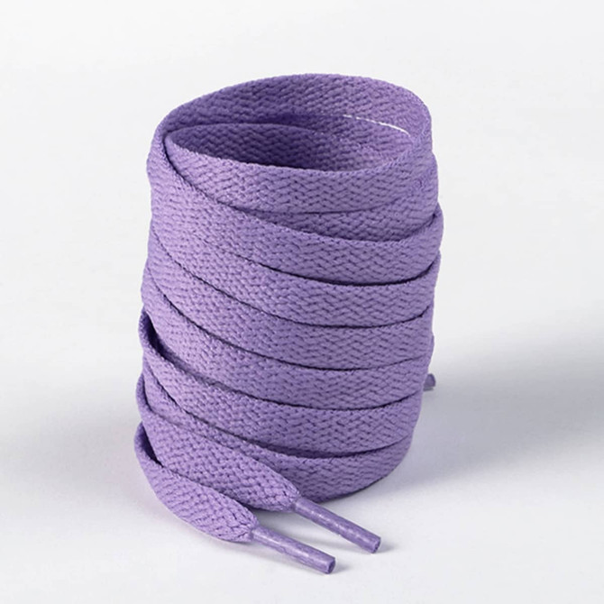 A stack of purple shoe laces, neatly coiled with pointed tips. The material appears woven and textured.