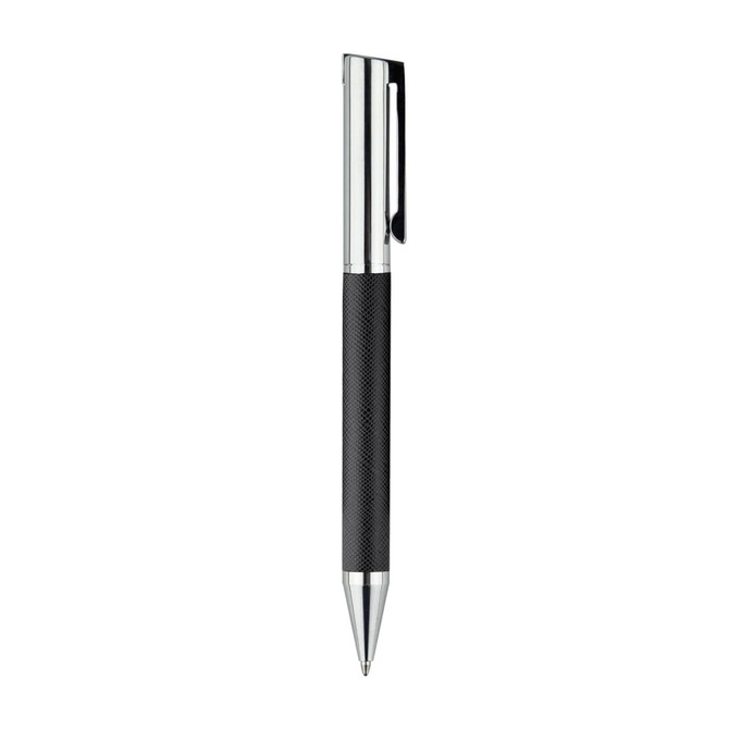 A sleek black metal pen with a textured grip and a shiny chrome clip, featuring a branding logo.