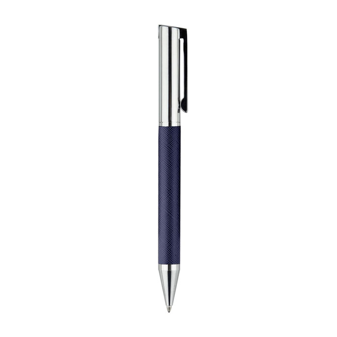 A metal pen with a navy blue grip and chrome accents, featuring a logo on the barrel.