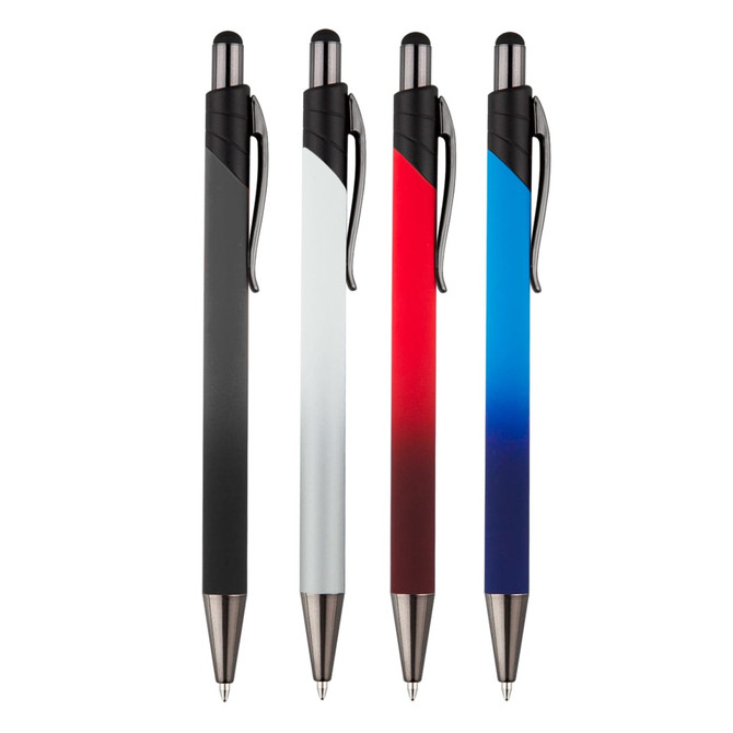 A set of four metal stylus pens in black, white, red, and blue gradient, featuring sleek designs and clip attachments.