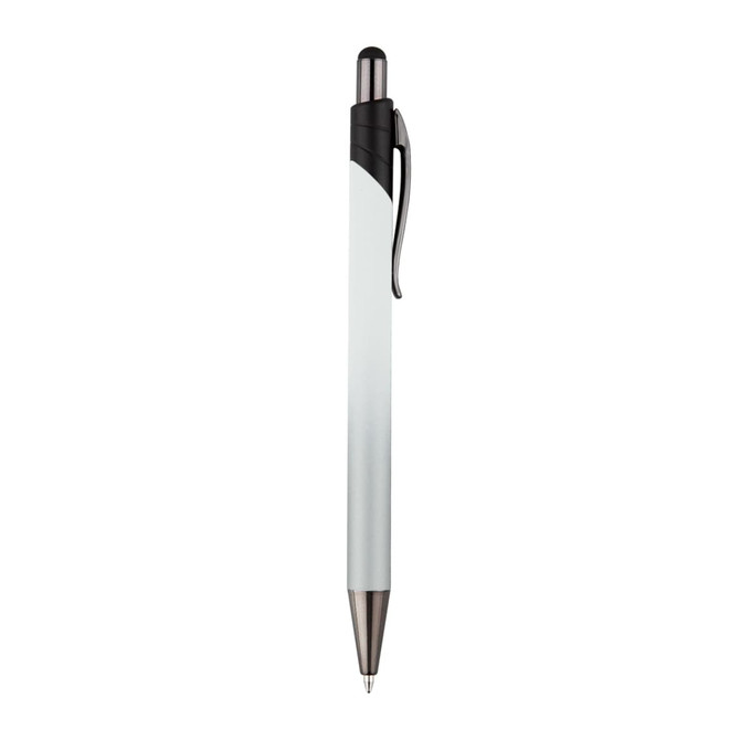 A metal pen in black and white, featuring a sleek design and a clip for easy attachment. It has a branding logo.