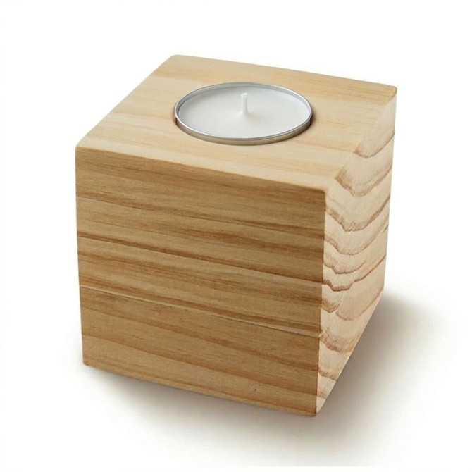 A wooden cube candle holder with a metal insert for a tea light candle, featuring a natural wood finish.