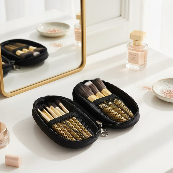 A black case containing nine makeup brushes with gold handles, displayed alongside a mirror and cosmetic products.