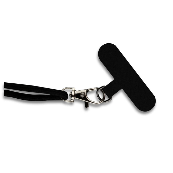 A black phone holder lanyard with a metal clip and a flat attachment point for secure gripping.