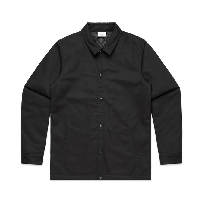 A black work jacket with a collared neck, snap buttons, and side pockets. It features a branding logo.