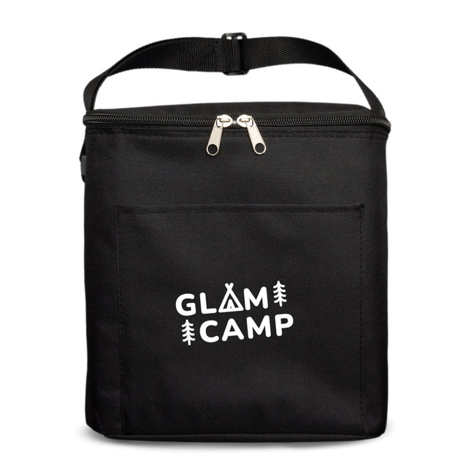 A black insulated cooler bag with a zip closure and front pocket, featuring a logo on the front.