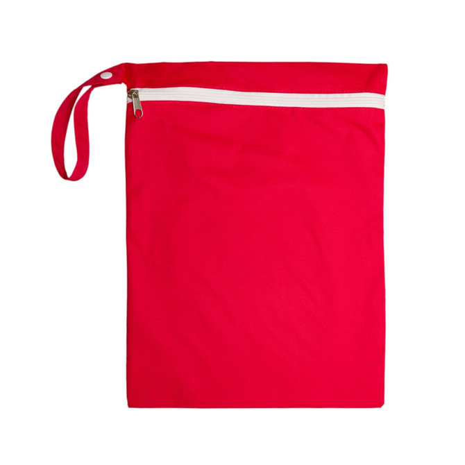 A red zippered pouch with a handle, featuring a white zipper. It has a simple, solid design.