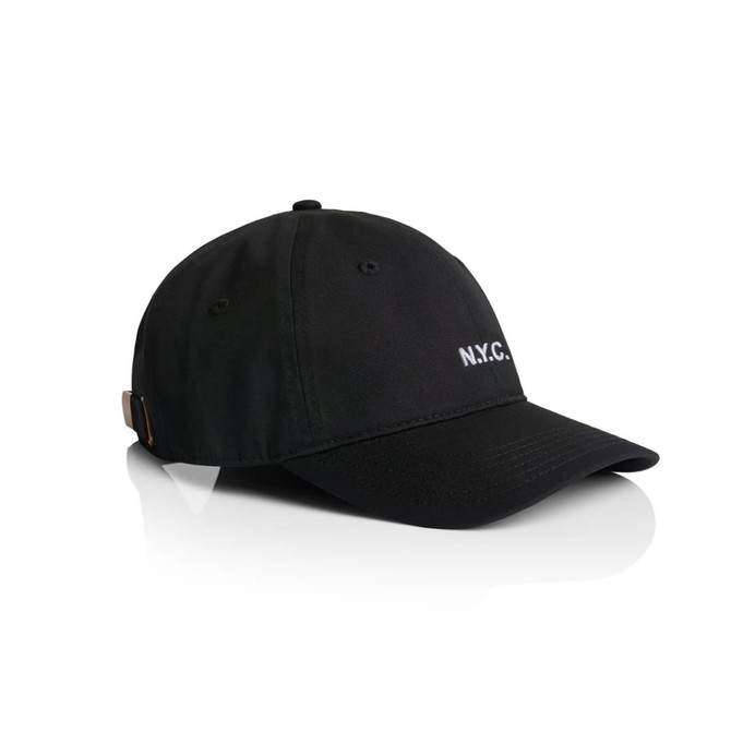 A black cap featuring an adjustable strap and a logo on the front. Ideal for casual headwear.