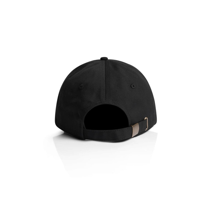 A black cap with a curved brim and an adjustable strap at the back. It features a logo on the front.