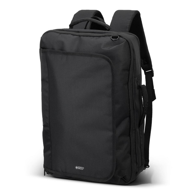 A black convertible travel backpack with adjustable straps and a front pocket, featuring a logo.