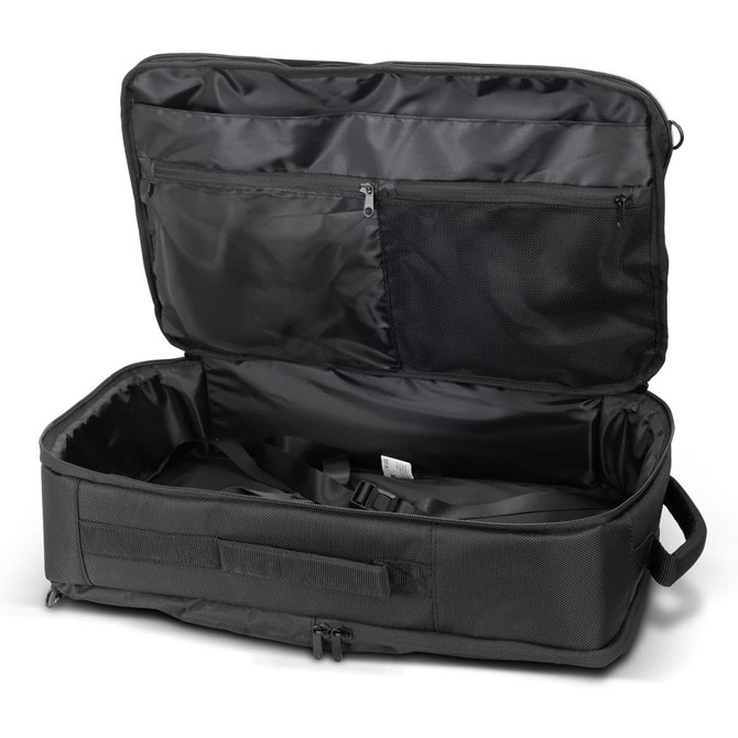 A black convertible travel backpack with an open main compartment and zippered pockets inside. It features a logo.