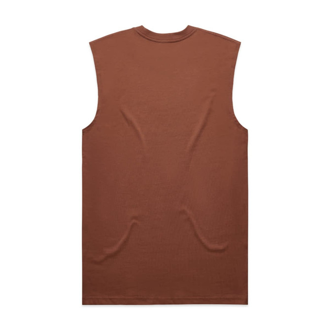 A brown sleeveless shirt with a simple design and a back view, featuring a logo on the garment.