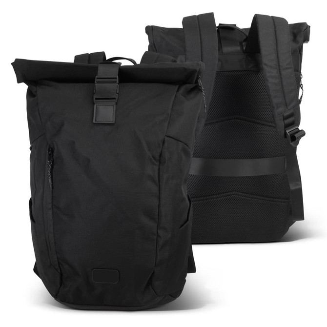 A black roll-up backpack featuring adjustable straps, a front zip pocket, and a textured back panel for comfort.