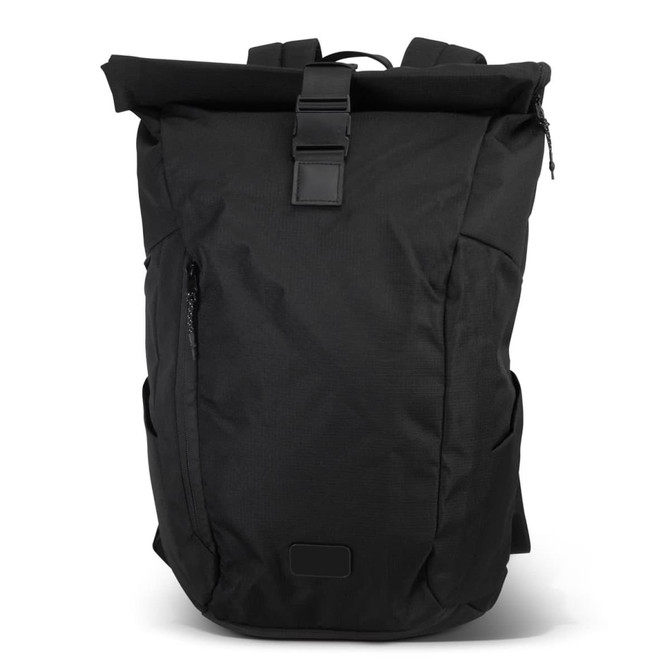 A black roll-up computer backpack with a secure buckle, zip pockets, and side storage compartments.