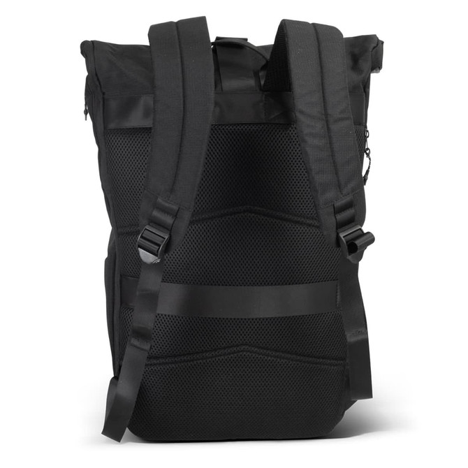 A black roll-up computer backpack with padded straps and a textured back panel, featuring a logo.