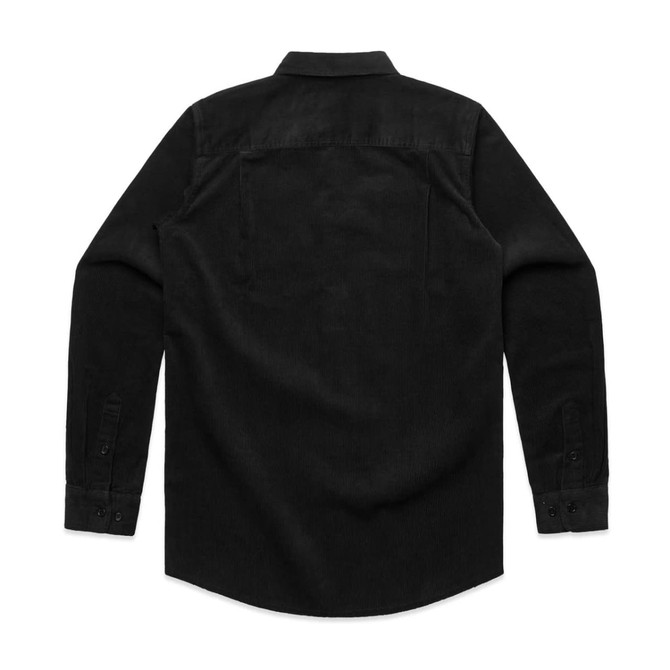 A black cord shirt with long sleeves, featuring a standard collar and back yoke detail. Includes buttoned cuffs and a logo.