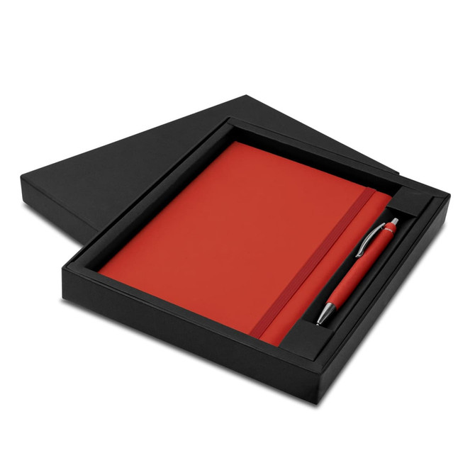 A red notebook and pen set packaged in a black gift box, featuring a sleek design.