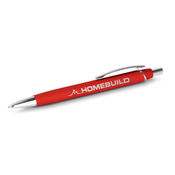 A red pen with a silver clip and branding, featuring a soft-touch finish for comfortable grip.