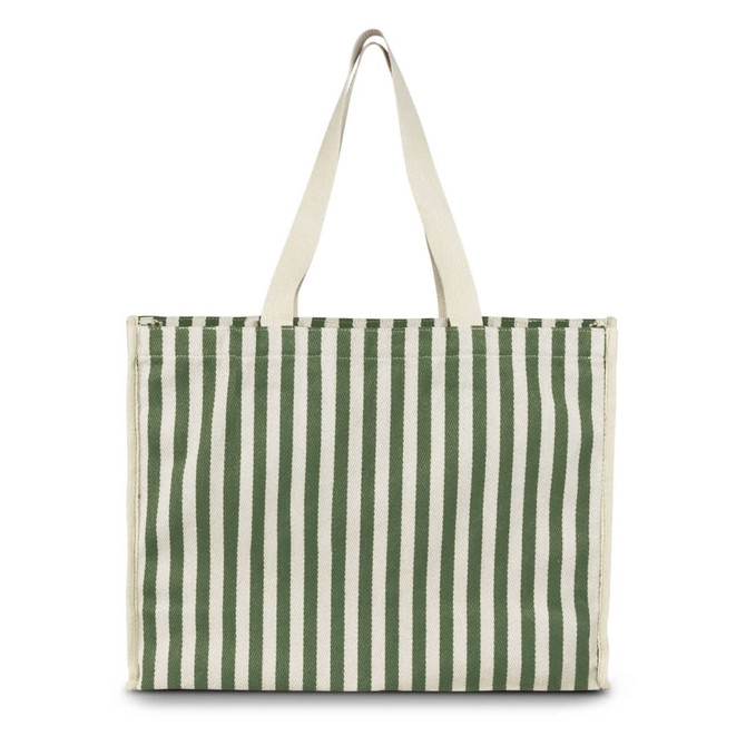 A green and cream striped tote bag with two handles and a sturdy design. It features a logo on one side.