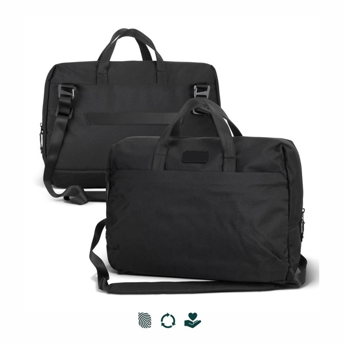 A black laptop bag with handles and a removable shoulder strap, featuring a logo on the front.