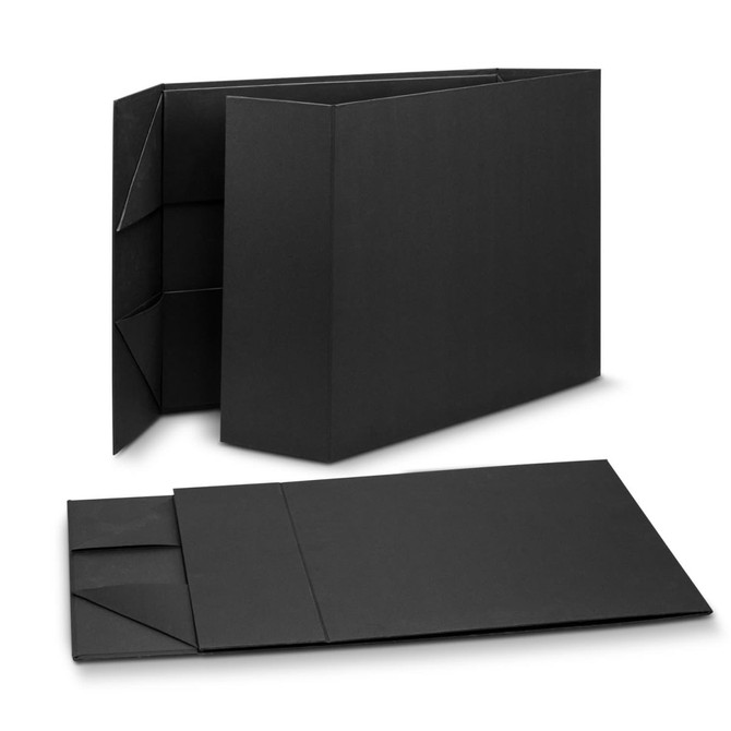 A large black magnetic lid gift box with compartments and a smooth finish, featuring a logo on one side.