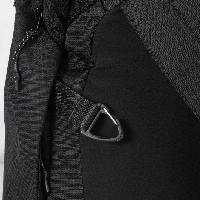 A black backpack featuring side straps and a sturdy clip. It has a sleek, modern design.