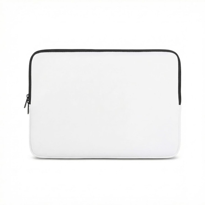 A small laptop sleeve in white with a black zip and a logo on the front.