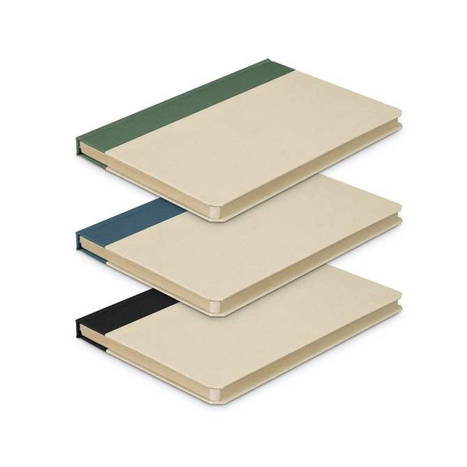 A set of three notebooks in cream, green, blue, and black, featuring a simple design and a logo on the cover.