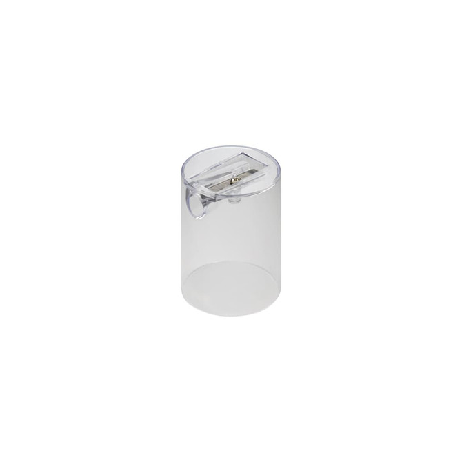 A transparent tube containing a sharpener; it has a sleek design and a circular shape.