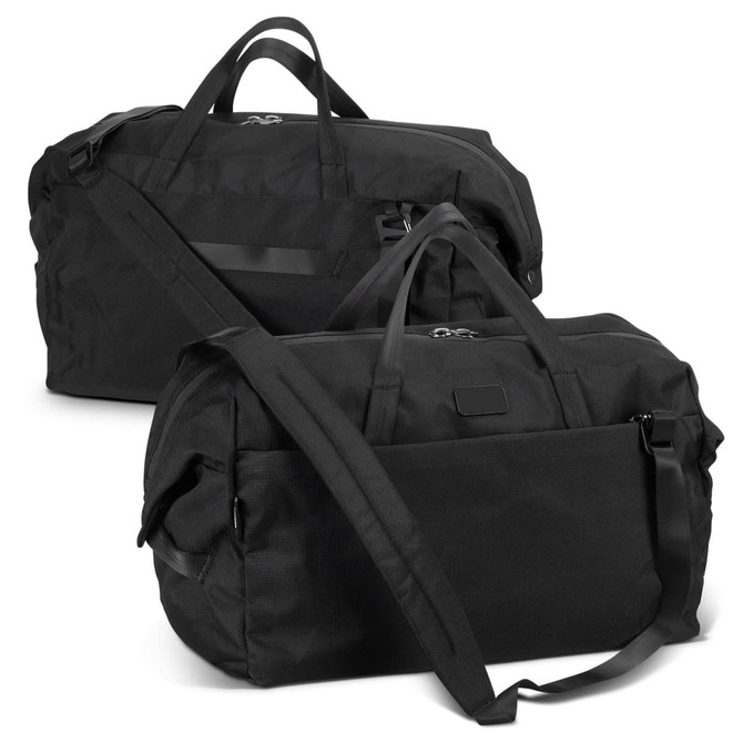 A black duffle bag with dual handles and a removable shoulder strap, featuring a logo and a spacious design.