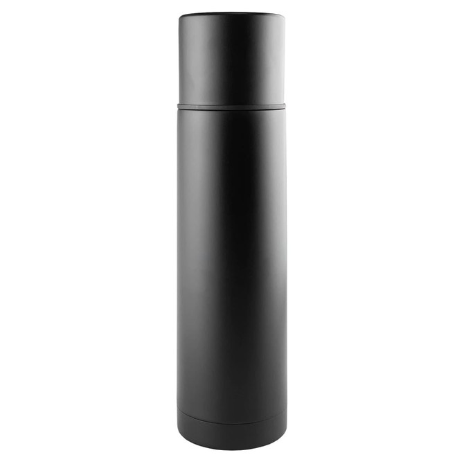A drink bottle with a sleek, matte black design, featuring a cylindrical shape and a logo on its surface.