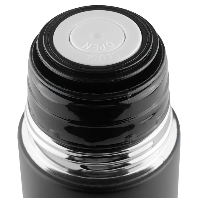 A drink bottle with a black exterior and a silver base, featuring an opening mechanism at the top and a logo.