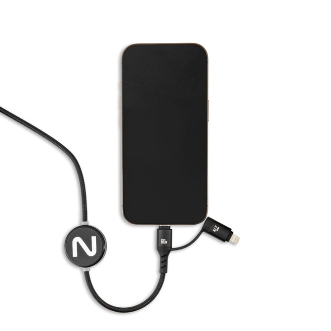 A charging cable connected to a smartphone, featuring a circular logo and a sleek black design.