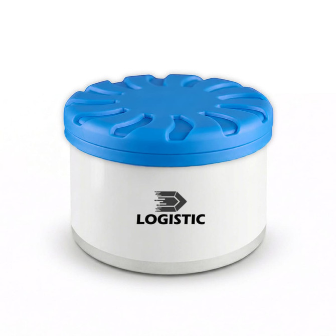 An air freshener with a blue lid and white body, featuring a logo on the front.