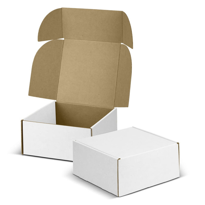 A white die cut box with a brown locking lid, shown open and placed beside a closed version.