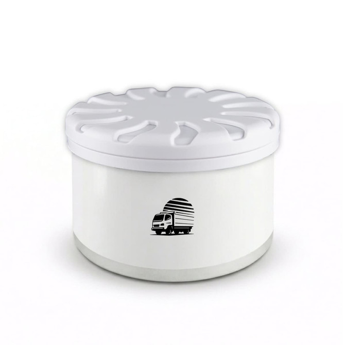 A white air freshener container with a lid featuring a design of a truck. The base is clear and it has a logo.