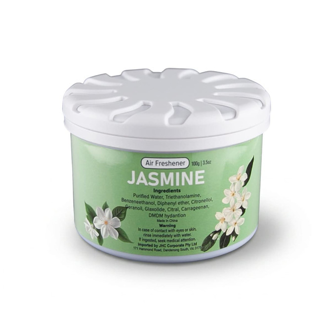 A white tub of air freshener featuring jasmine flowers, with a label detailing ingredients.