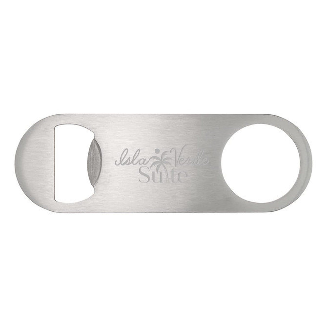 A stainless steel bottle opener with a circular hole and a curved edge. It has a logo engraved on the surface.