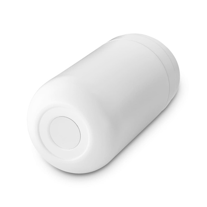 A white reusable coffee cup with a rounded body and a flat base, featuring a logo on one side.