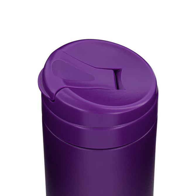 A purple coffee cup with a spill-proof lid and a branding logo.