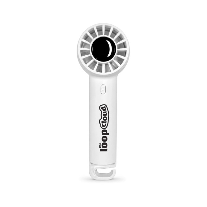 A white rechargeable fan with a circular head and a branding logo on the handle.
