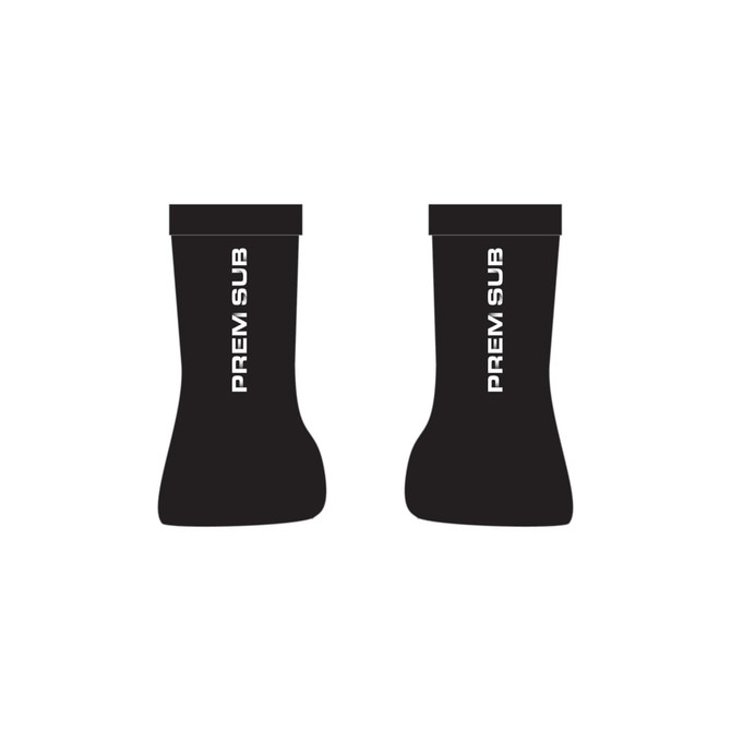 A pair of mid-length black socks with a logo on the side.