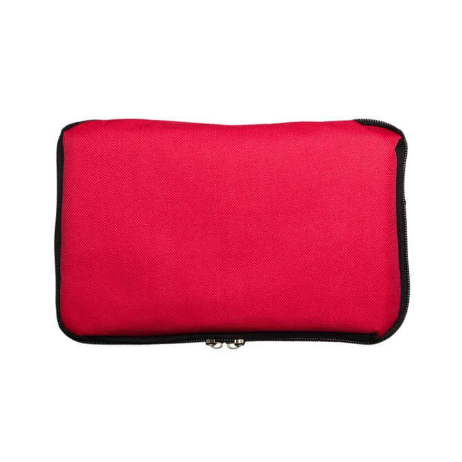 A red zippered pouch with a black trim, designed for outdoor leisure use. It features a logo on the front.