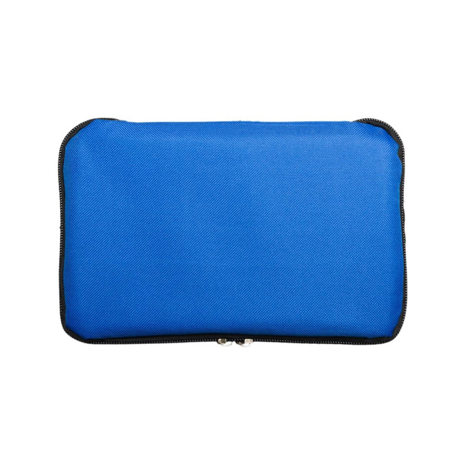 A blue zippered pouch with a textured surface, featuring a logo on the front.