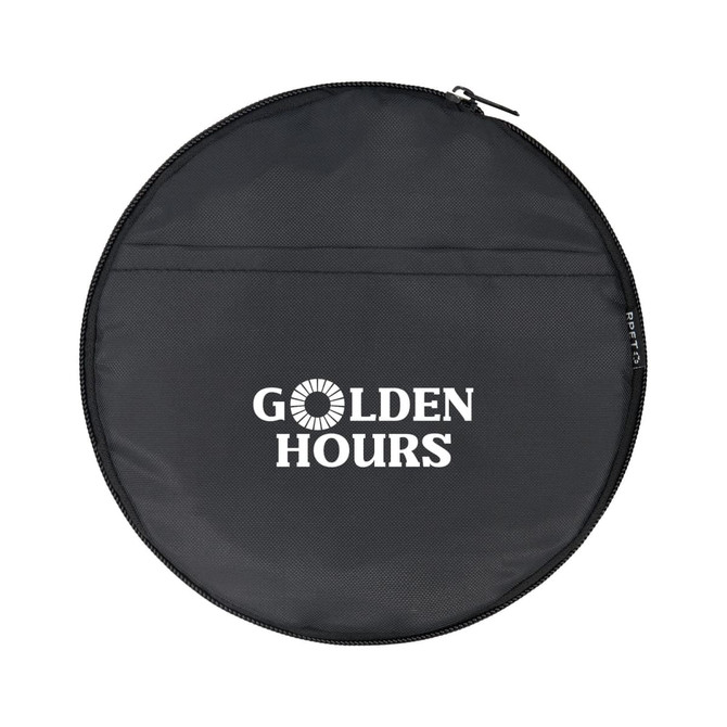 A round black pouch with a zip closure, featuring a white logo on the front.